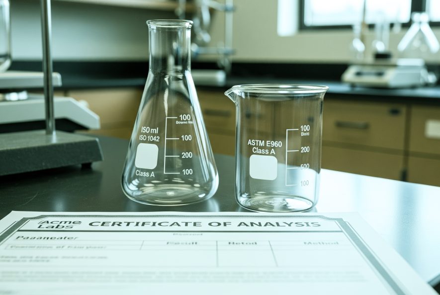 ISO 1042 and ASTM certified laboratory glassware markings for precision labs in Oman.
